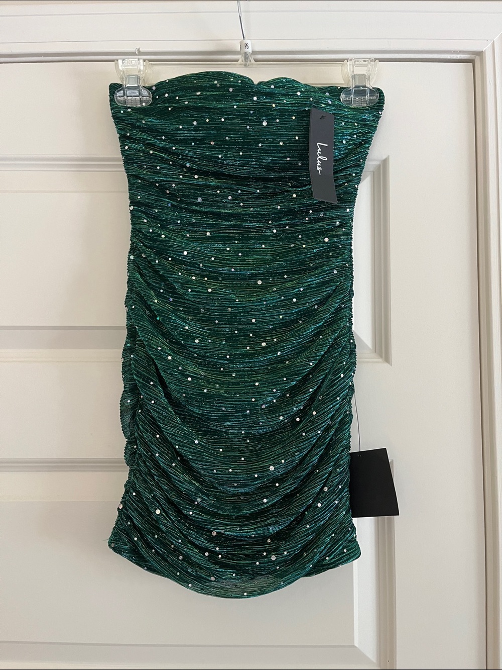Lulus‎ Emerald Green Glitter Ruched Mini Dress XS NWT Sparkly Party